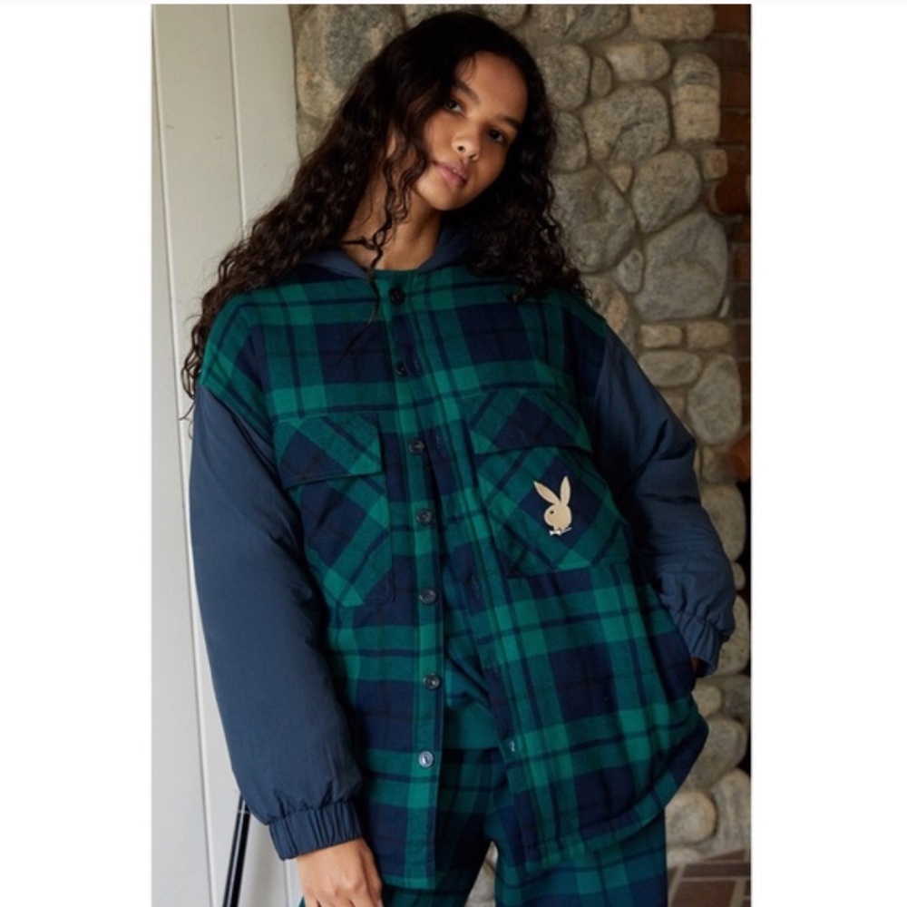 Playboy By PacSun Plaid Oversized Drawstring Hoodie Green & Blue Jacket